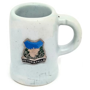 55mm 1950s vintage Victoria Falls crestware miniature tankard, vintage Zimbabwe crestware, miniature midcentury Victoria Falls china cup