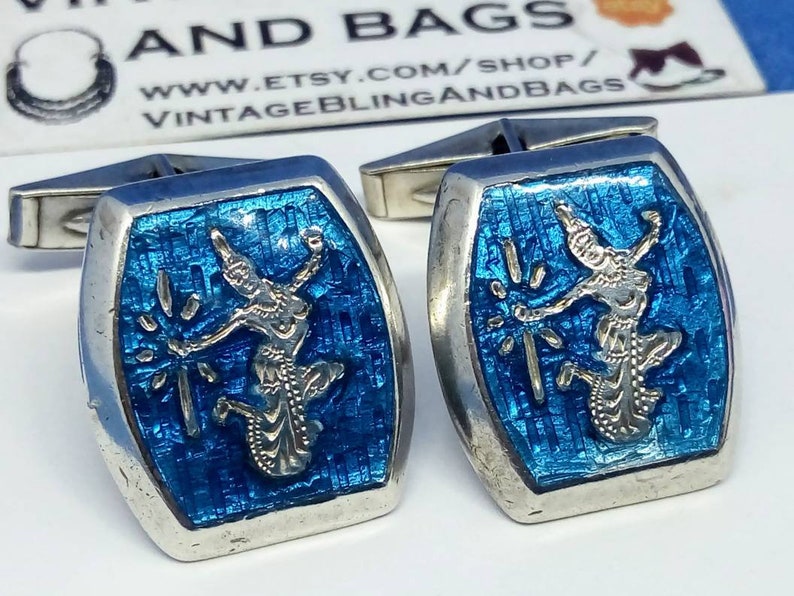 Vintage silver cufflinks vintage 1960s cufflinks 30x28mm 1960s sterling silver cufflinks blue enamel cuff links Siam silver cufflinks