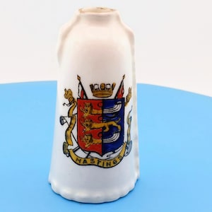61x34mm 1930s Antique Hastings crestware vase, Hastings China miniature vase, vintage crested china Sussex souvenir knick-knack retro vase