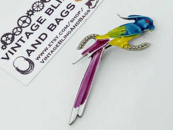Vintage marcasite parrot pin, HOLLYWOOD enamel par
