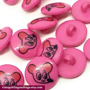 6 17mm 1970s vintage pink mouse buttons, 1970s novelty pink buttons, children&#39;s mouse buttons, 1970s vintage cartoon buttons, 1970s buttons