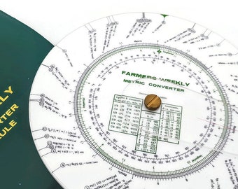 Convertisseur métrique hebdomadaire et règle coulissante Farmers vintage des années 1970, table agricole vintage, convertisseur agricole vintage, publicité agricole