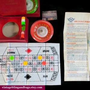 1950s toy roulette game, RED 12cm roulette wheel, 1950 roulette party game, vintage parlour game, vintage games, 1950s gambling game