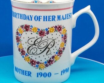 92mm 1990 Queen Elizabeth the Queen Mother 90th birthday mug, Royal Crown Duchy commemorative, royal memorabilia mug, Queen Mother mug