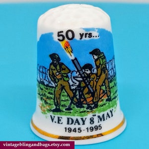 1995 50th anniversary of VE Day thimble, vintage Birchcroft thimble, militaria thimble, VE Day collectable thimble, 1990s China thimble