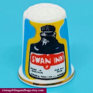 1980s Vintage Bone China Thimble, Swan ink advertising thimble, vintage sewing thimble, collectable thimble, advertising memorabilia