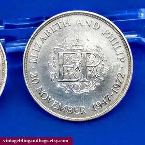 Vintage 1972 Queen & Prince Philip Vintage silver wedding anniversary commemorative crown coin, Queen Elizabeth medallion, royal memorabilia