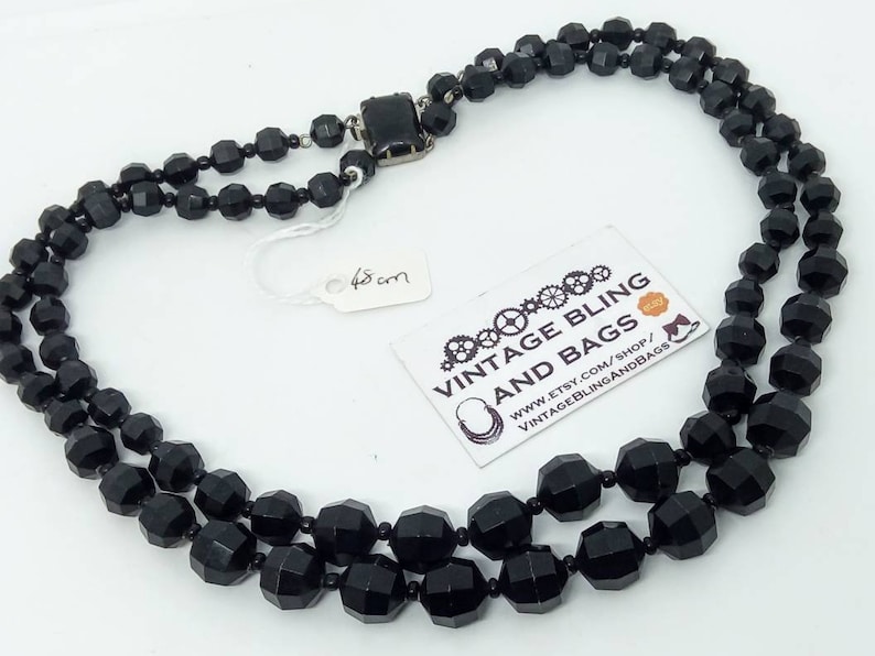 graduated necklace emo mourning Goth necklace vintage Black necklace 1980s 48cm twin strand faceted black bead necklace black necklace