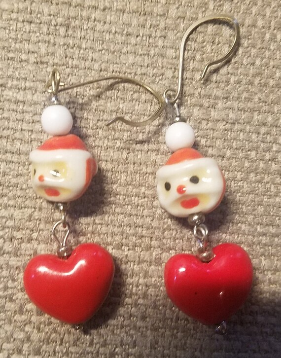 Vintage Glass Handmade I Love Santa Earrings - Ste