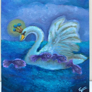 Pintura de fantasía original de cisne, arte de peces etéreo surrealista, pintura al óleo expresionista de pájaros, arte de panel de fantasía caprichosa, pintura ecléctica