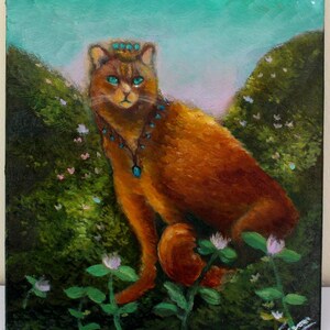 Peinture fantastique originale de chat, art étrange abstrait lowbrow, peinture à l'huile expressionniste animale, art du panneau fantaisie lunatique