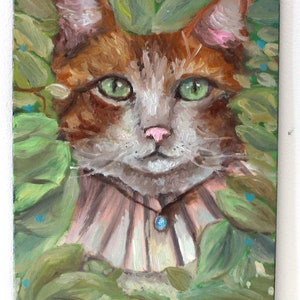 Peinture à l'huile de chat originale, peinture féline enchantée fantastique, peinture de forêt lunatique, art éthéré de chaton mignon, art mural lumineux