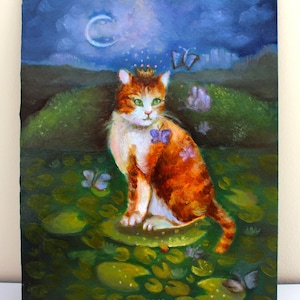 Peinture à l'huile originale de chat, peinture surréaliste de chaton de fantaisie, art abstrait de fantaisie lunatique, cadeau d'art mural animal