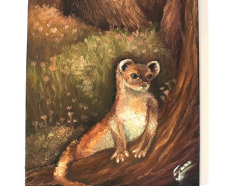 Original Ermine Oil Painting, Whimsical Woodland Art (5x7 in)
