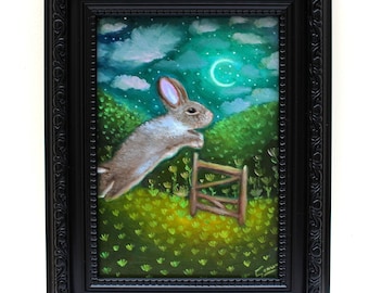 Pintura al óleo original de conejo, arte enmarcado de fantasía caprichosa (5 x 7 pulgadas)