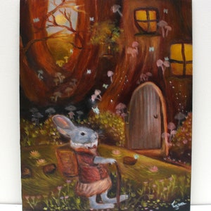 Pintura al óleo de conejo original, pintura animal mágica hecha a mano, pintura de conejito antropomórfico caprichoso, decoración de pared de lujo ecléctica