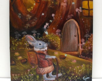 Pintura al óleo original de conejo, decoración de pared con animales caprichosos