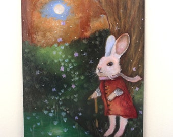 Pintura al óleo de un conejo blanco, pintura de un bosque de ensueño a la luz de la luna, retrato caprichoso de un animal del bosque, arte dulce de conejitos, arte surrealista de conejos para la pared