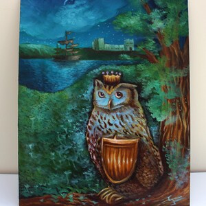 Pintura al óleo original de búho, pintura surrealista divertida de fantasía, pintura etérea extraña de pájaros, ilustración de animales obras de arte en la pared