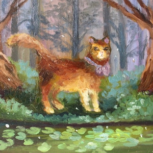 Peinture à l'huile originale de chat, peinture mignonne de chaton de gingembre, peinture colorée lumineuse de fantaisie, art étrange d'étang de forêt, peinture de forêt de nuit d'étoiles