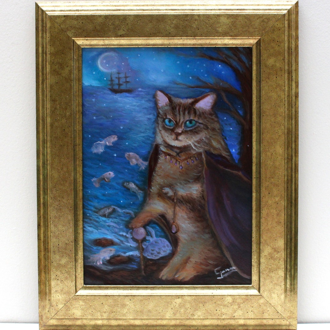 Original Cat Oil Painting, Fantasy Whimsical Feline Painting, Lowbrow