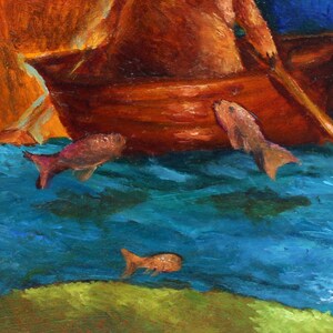 Puede incluir: Una pintura art&iacute;stica representa un bote marr&oacute;n sobre agua azul, con varios peces nadando alrededor. El bote est&aacute; siendo remado, y la escena incluye una cascada y una zona de hierba verde. La obra de arte utiliza una paleta de colores vibrantes.