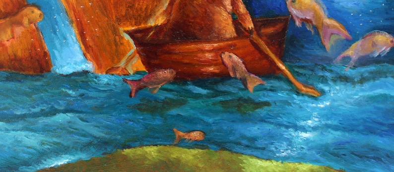 Puede incluir: Una pintura art&iacute;stica representa un bote marr&oacute;n sobre agua azul, con varios peces nadando alrededor. El bote est&aacute; siendo remado, y la escena incluye una cascada y una zona de hierba verde. La obra de arte utiliza una paleta de colores vibrantes.