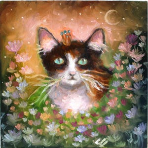 Peinture à l'huile originale de chat, peinture florale de chat lunatique, peinture de paysage animal fantastique, art mystique éthéré félin, art mural de chaton