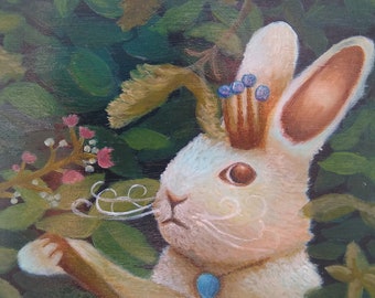 Pintura al óleo de conejo, arte caprichoso de conejo, decoración de pared de fantasía