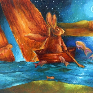 Rabbit original oil painting, weird abstract animal painting, odd fantasy bunny painting, surreal fairy wall art