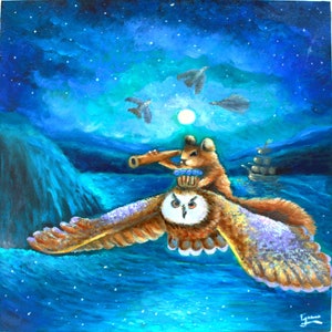 Pintura al óleo de búho original, arte extraño surrealista de poca cultura, arte de ardilla de fantasía caprichosa, pintura de pared de panel de madera prensada