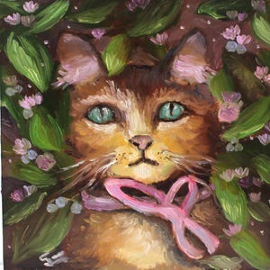 Peinture à l'huile originale de chat, peinture magique de fantaisie de chaton, peinture colorée d'animal royal, art fantaisiste félin, art de mur de feuilles de fleurs