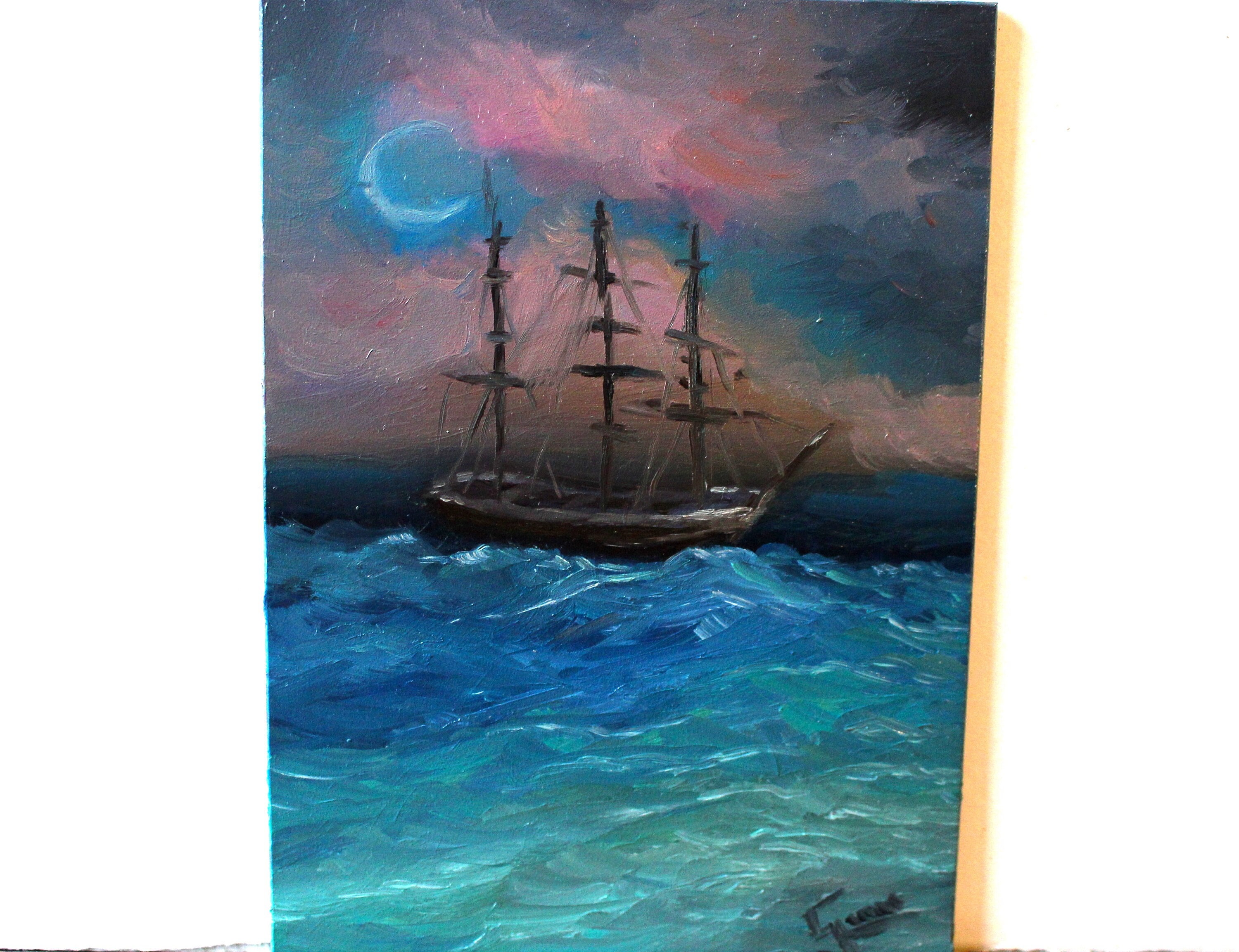 Original Ship Oil Painting, Galleon Blue Sea Painting, Dreamy Peaceful ...