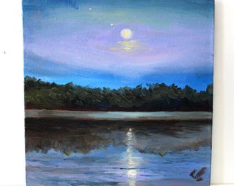 May include: Oil painting of a moonlit lake scene. The artwork features a full moon and a reflection in the water. The sky transitions from blue to purple, with dark green trees along the horizon. The painting is on a square canvas.