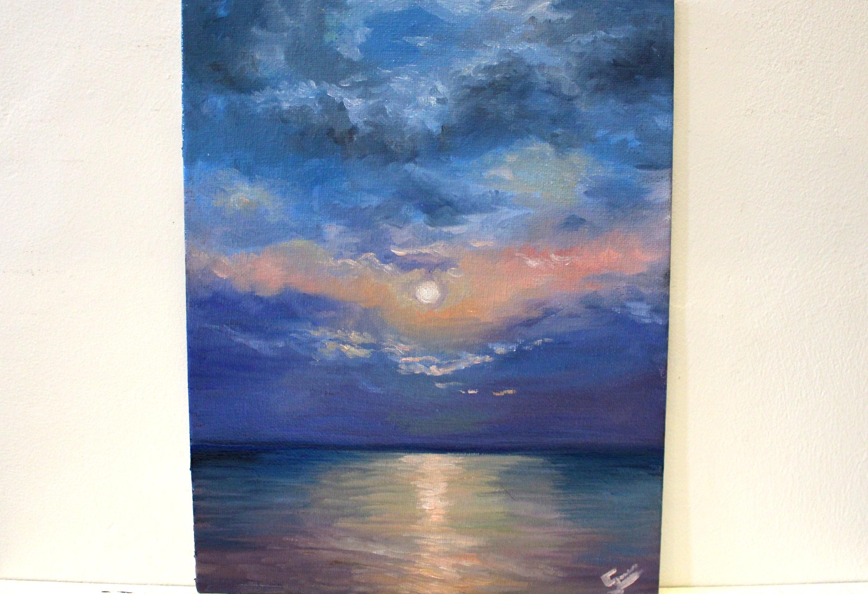 油彩画 穏やかな海の絵 油絵で荒 しい海を描く 波しぶき・