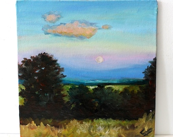 May include: An oil painting of a landscape featuring a sunset or sunrise. The sky transitions from blue to pink, with a soft, round moon. Dark trees and green fields fill the foreground, with a golden field in the front.