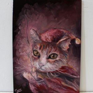 Peinture à l'huile de chat originale, peinture de chat mignon majestueux, peinture de chat mystique de conte de fées, art surréaliste éthéré mystérieux, art mural abstrait