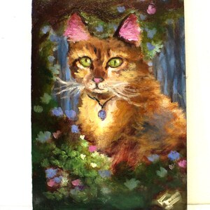 Peinture à l'huile de chat originale, peinture de chat magique mignon, peinture de chaton colorée fantaisiste, art forestier éthéré félin, art mural moderne