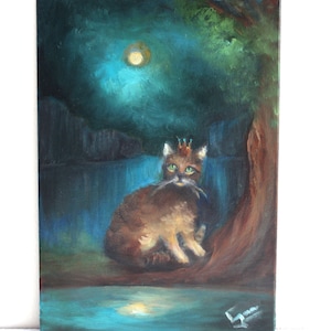 Peinture à l'huile originale de chat, peinture éthérée majestueuse de chaton, peinture de chat de style baroque, art animalier lunatique surréaliste, décoration de mur de chat de fantaisie