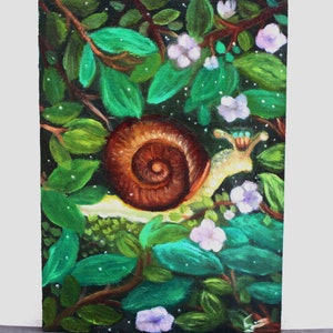 Original snail oil painting, leaves surreal insect painting, whimsical fantasy woodland gift, forest floral cute art, animal wall art