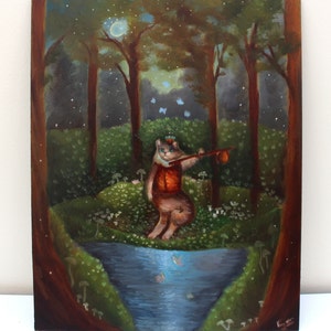 Peinture à l'huile originale de chat, peinture surréaliste faite main de fantaisie, peinture abstraite étrange lunatique, décoration murale animale éthérée