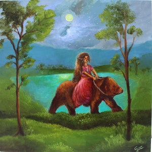 Pintura al óleo de oso original, arte extraño surrealista de poca cultura, arte de chica de fantasía caprichosa, pintura de pared de hadas de tableros duros
