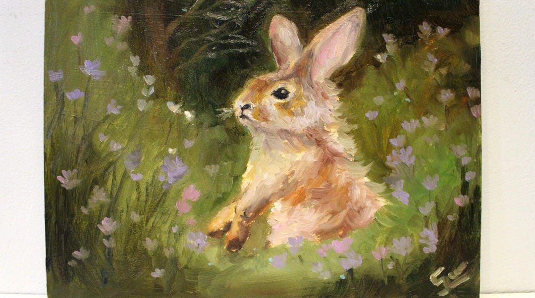 Original Rabbit Oil Painting, Bunny Colorful Classical Painting, Cute ...