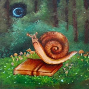 Pintura a óleo de caracol original, pintura de insetos animais fofos, pintura de painel de tela artesanal, pintura de parede de fantasia estranha