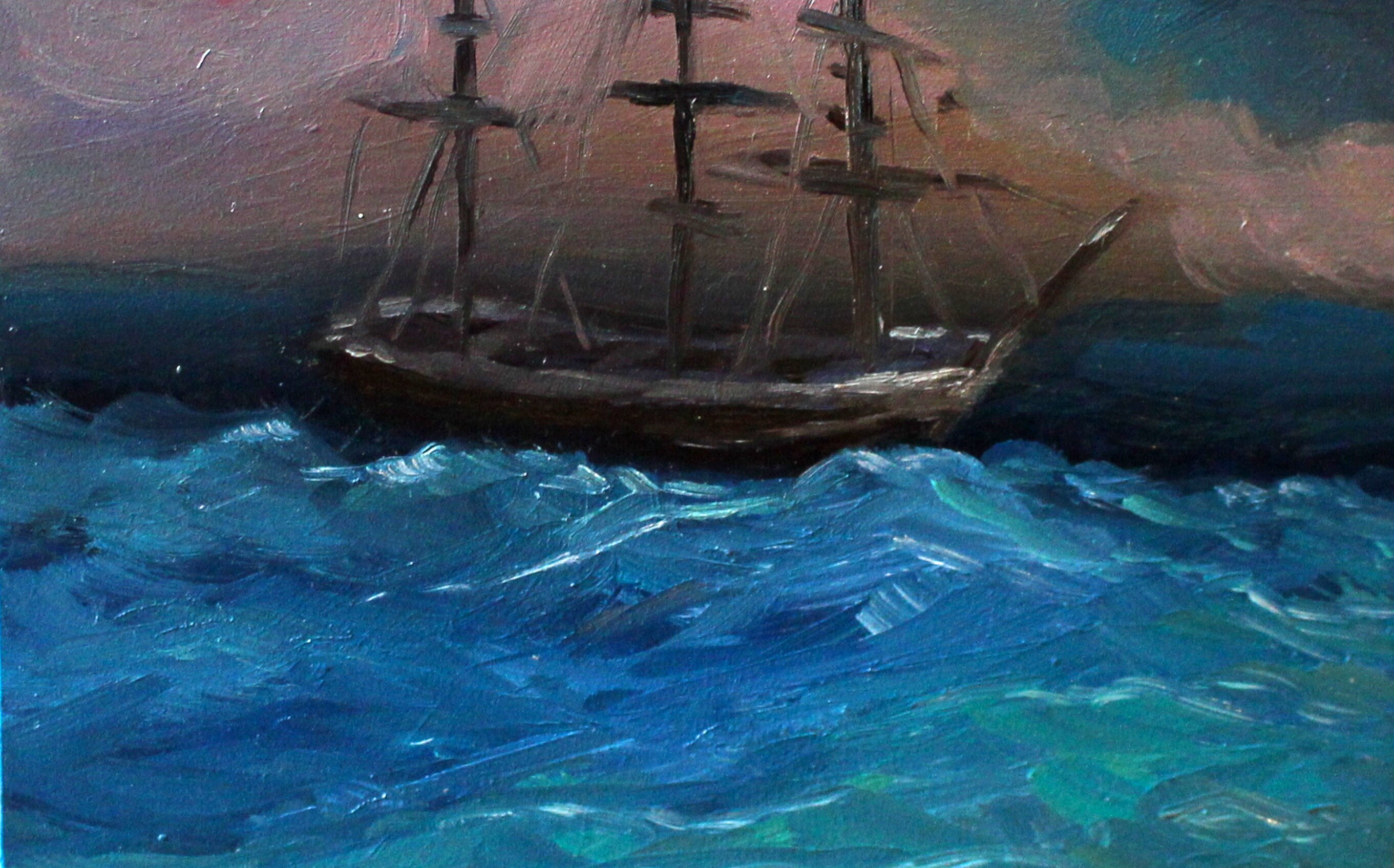 Original Ship Oil Painting, Galleon Blue Sea Painting, Dreamy Peaceful ...