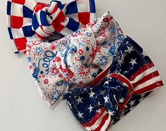 Patriotyczne chusty na głowę, turban dla niemowląt, kokarda, wiązane ręcznie, ręcznie robione, rozciągliwe, dodatek, regulowane, mama i ja, 4 lipca, USA, gwiazdy i paski