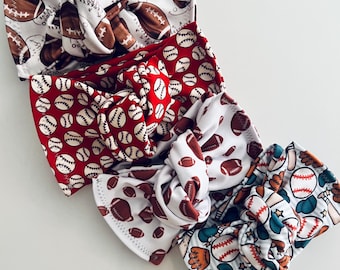 Sports Bow Headband: Baseball Football Print, Adjustable Baby Turban Piggy Clips