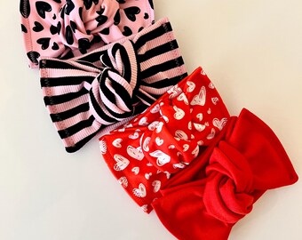 Bows - VALENTINE Bows Red & Pink Head wraps, Baby Turban, Bow, Hand-tied, Handmade, Stretch,  Hair Accessory, Adjustable, Mommy and Me Bows