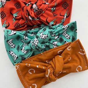 Western Head wraps, Baby Turban, Bow, Hand-tied, chunky Bows, Handmade, Stretch,  Accessory, Adjustable Headbands, Horseshoe, Southwest