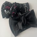 Halloween Baby Headband: Skeletons and bows, Black and Gray Check, Handmade Turban Bow, Trick or Treat, Costume